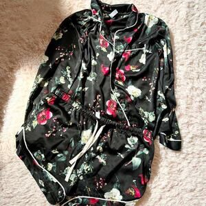 Black Floral Whimsygoth Dark Academia Witchy Retro Pinup Lounge Satin Pajama Set